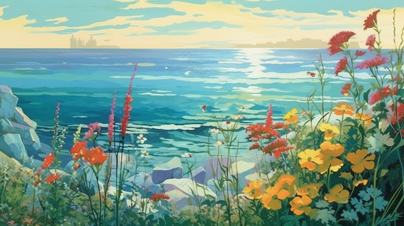 蓝色大海唯美鲜花远景插画,插画/手绘图,插画/手绘图库,插画/手绘图下载,插画/手绘